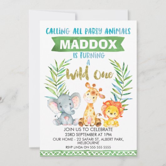 Wild One Safari 1st Birthday Party Invitation Kaart (Voorkant)