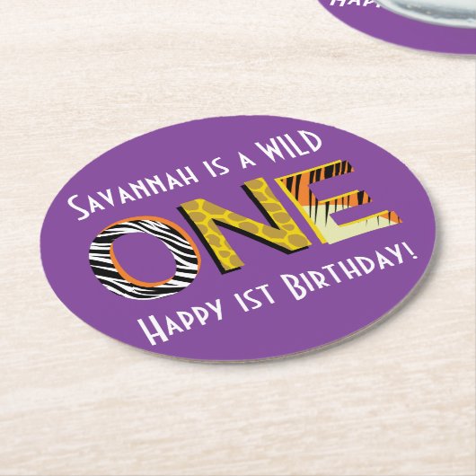 Wild One Safari 1st Birthday Party Kind Ronde Kartonnen Onderzetter (Gebogen)