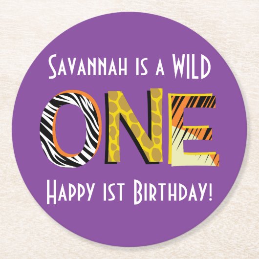 Wild One Safari 1st Birthday Party Kind Ronde Kartonnen Onderzetter (Voorkant)