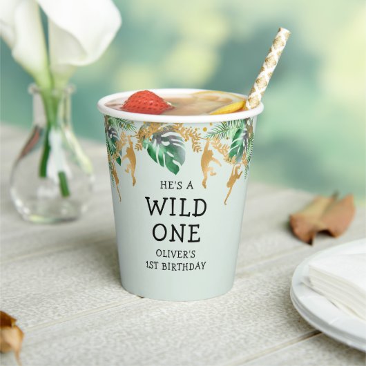 Wild One Safari 1st Birthday Pastel Green Gold Papieren Bekers (Insitu)
