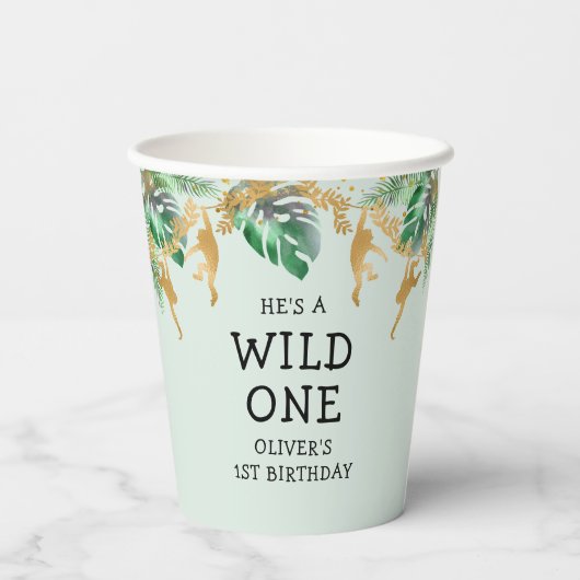 Wild One Safari 1st Birthday Pastel Green Gold Papieren Bekers (Achterkant)