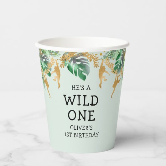 Wild One Safari 1st Birthday Pastel Green Gold Papieren Bekers (Voorkant)
