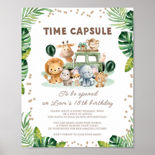 Wild One Safari 1st Birthday Time Capsule Sign Poster (Voorkant)