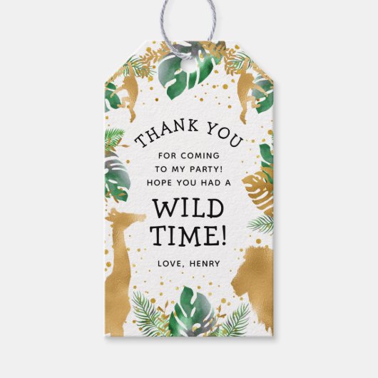 Wild One Safari 1ste verjaardag Green Gold White Cadeaulabel (Voorkant)