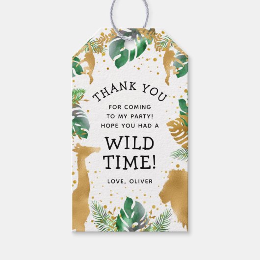 Wild One Safari 1ste verjaardag Green Gold White Cadeaulabel (Voorkant)