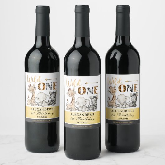 Wild One Safari 1ste verjaardag Wijn Etiket (Flessen)