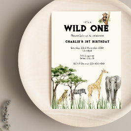 Wild One Safari Animal Birthday Invitation Kaart