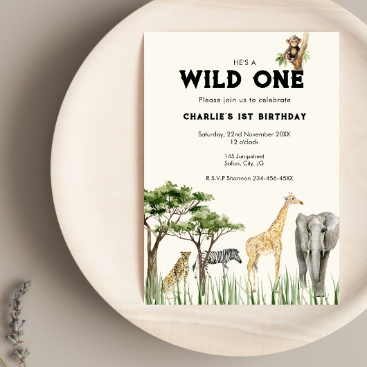 Wild One Safari Animal Birthday Invitation Kaart