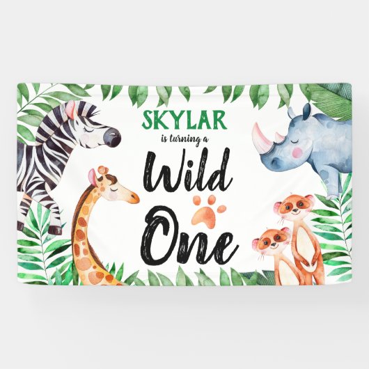 Wild One Safari Animal Kinder 1e verjaardag Spandoek (Horizontaal)