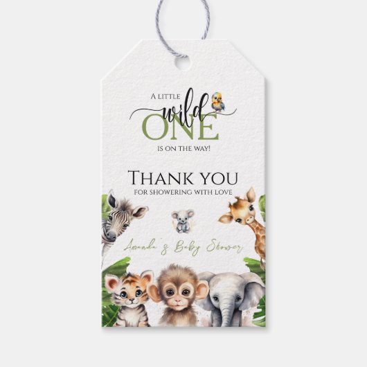 Wild One Safari Animal Oerwoud Baby shower Favorie Cadeaulabel (Voorkant)