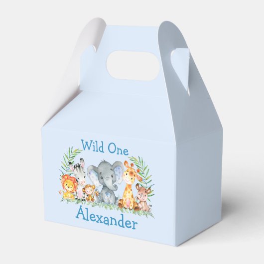 Wild One Safari Animals 1st Birthday Blue Bedankdoosjes (Voorkant Zijde)