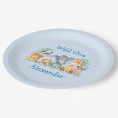 Wild One Safari Animals 1st Birthday Blue Papieren Bordje (Gekanteld)