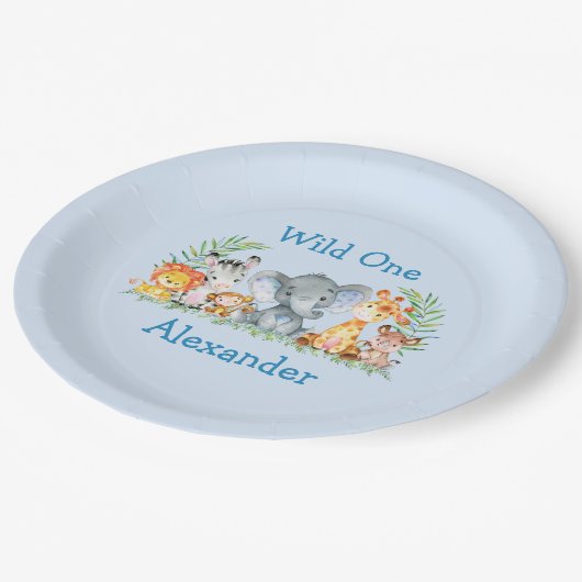Wild One Safari Animals 1st Birthday Blue Papieren Bordje (Gekanteld)