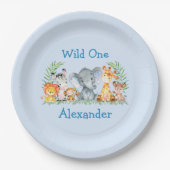 Wild One Safari Animals 1st Birthday Blue Papieren Bordje (Voorkant)