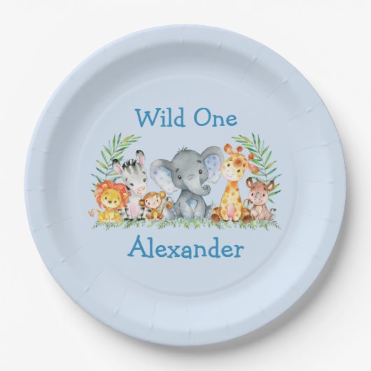 Wild One Safari Animals 1st Birthday Blue Papieren Bordje (Voorkant)