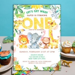 Wild One Safari Animals 1st Birthday Boys Kaart