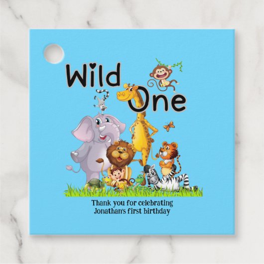 Wild One Safari Animals 1st Birthday cartoon Invit Bedankjes Labels (Voorkant)