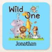 Wild One Safari Animals 1st Birthday cartoon Invit Kartonnen Onderzetters (Voorkant)