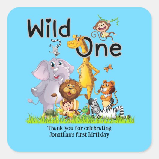 Wild One Safari Animals 1st Birthday cartoon Invit Vierkante Sticker (Voorkant)