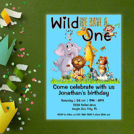 Wild One Safari Animals 1st Birthday cartoon Kaart
