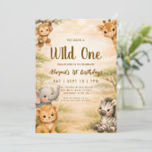 Wild One Safari Animals 1st Birthday Invitation Kaart (Staand voorkant)
