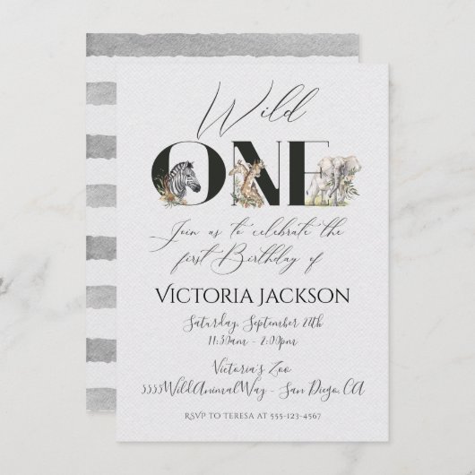 Wild One safari Animals 1st Birthday Invitation Kaart (Voorkant / Achterkant)
