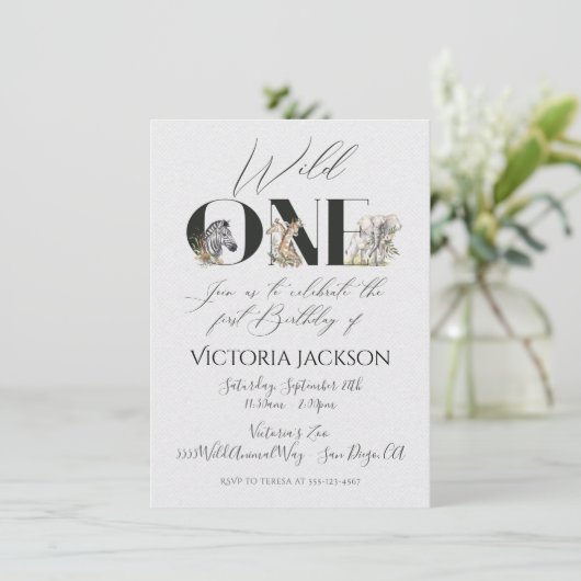 Wild One safari Animals 1st Birthday Invitation Kaart (Staand voorkant)