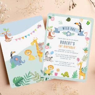 Wild One Safari Animals 1st Birthday Oerwoud Party Kaart