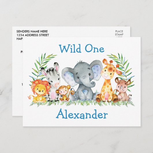 Wild One Safari Animals 1st Birthday Uitnodiging (Voorkant / Achterkant)