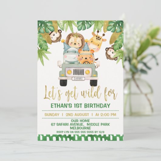 Wild One Safari Animals 1st Birthday Uitnodiging (Staand voorkant)