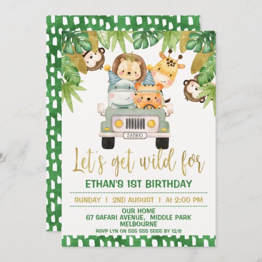 Wild One Safari Animals 1st Birthday Uitnodiging (Voorkant / Achterkant)