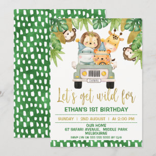 Wild One Safari Animals 1st Birthday Uitnodiging