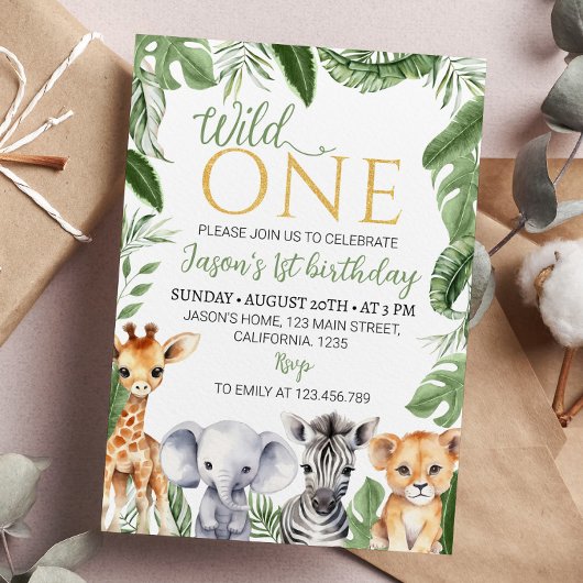 Wild One Safari Animals 1st Birthday Uitnodiging