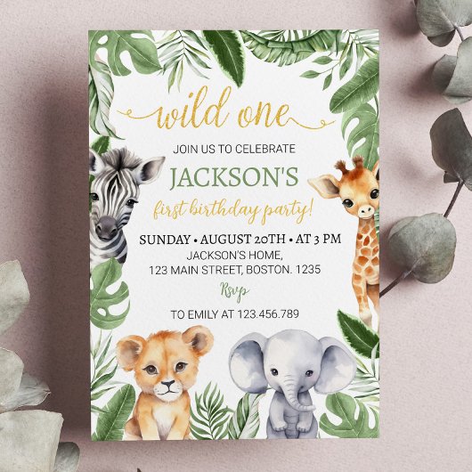 Wild One Safari Animals 1st Birthday Uitnodiging