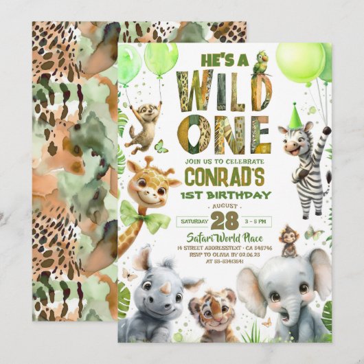 Wild One Safari Animals 1st Birthday Uitnodiging (Voorkant / Achterkant)