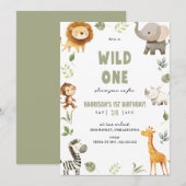 Wild One Safari Animals 1st Birthday Uitnodiging (Voorkant / Achterkant)