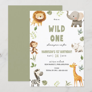 Wild One Safari Animals 1st Birthday Uitnodiging