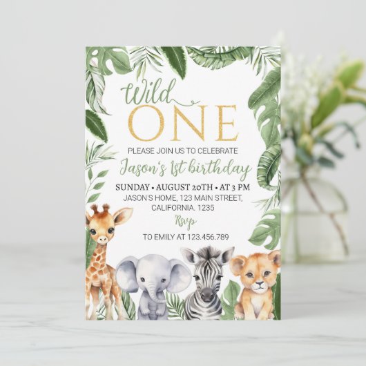 Wild One Safari Animals 1st Birthday Uitnodiging (Staand voorkant)