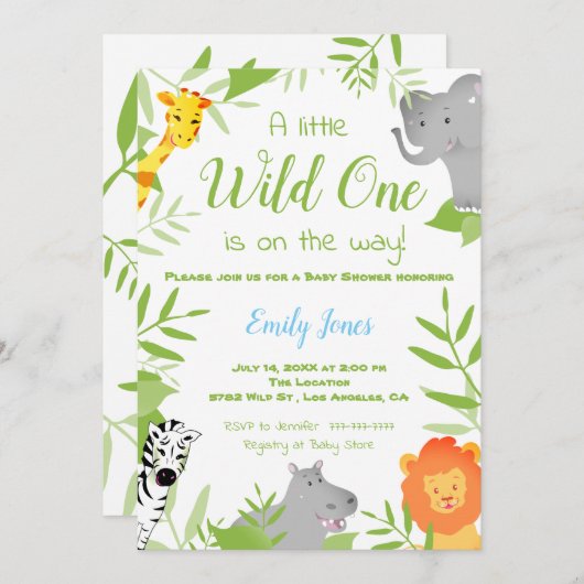 Wild One Safari Animals Baby shower Boy Invitation Kaart (Voorkant / Achterkant)