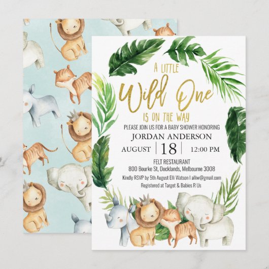 Wild One Safari Animals Baby shower Invitation Kaart (Voorkant / Achterkant)