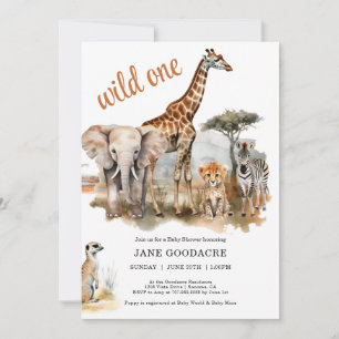 Wild One Safari Animals Baby shower Invitation Kaart