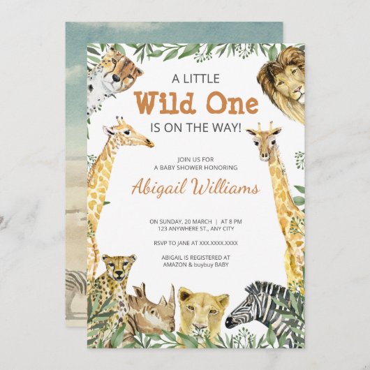 Wild One Safari Animals Baby shower Invitation Kaart (Voorkant / Achterkant)