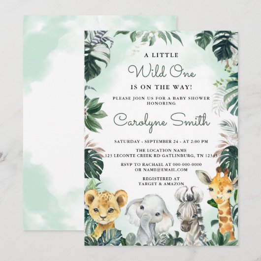 Wild One Safari Animals Baby shower Invitation Kaart (Voorkant / Achterkant)