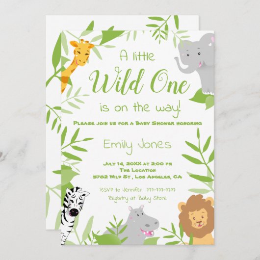 Wild One Safari Animals Baby shower Invitation Kaart (Voorkant / Achterkant)