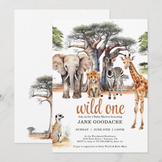 Wild One Safari Animals Baby shower Kaart (Voorkant / Achterkant)