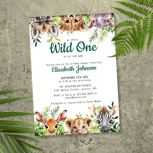 Wild One Safari Animals Baby shower Kaart