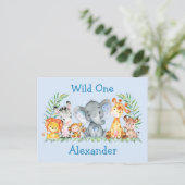 Wild One Safari Animals Birthday Invitation Blue Briefkaart (Staand voorkant)