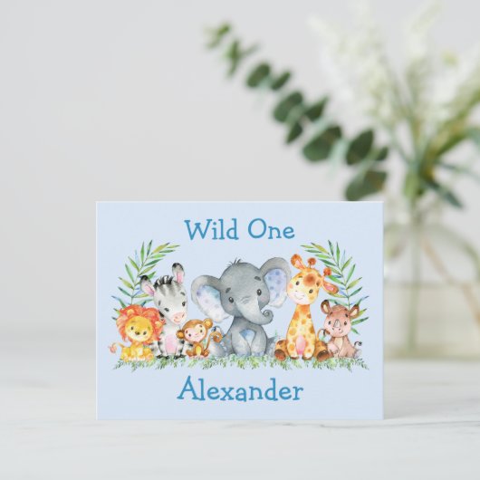 Wild One Safari Animals Birthday Invitation Blue Briefkaart (Staand voorkant)