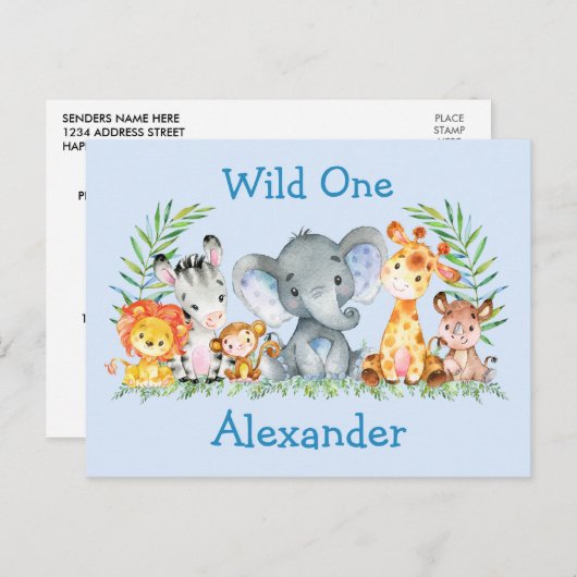 Wild One Safari Animals Birthday Invitation Blue Briefkaart (Voorkant / Achterkant)