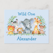 Wild One Safari Animals Birthday Invitation Blue Briefkaart (Voorkant)